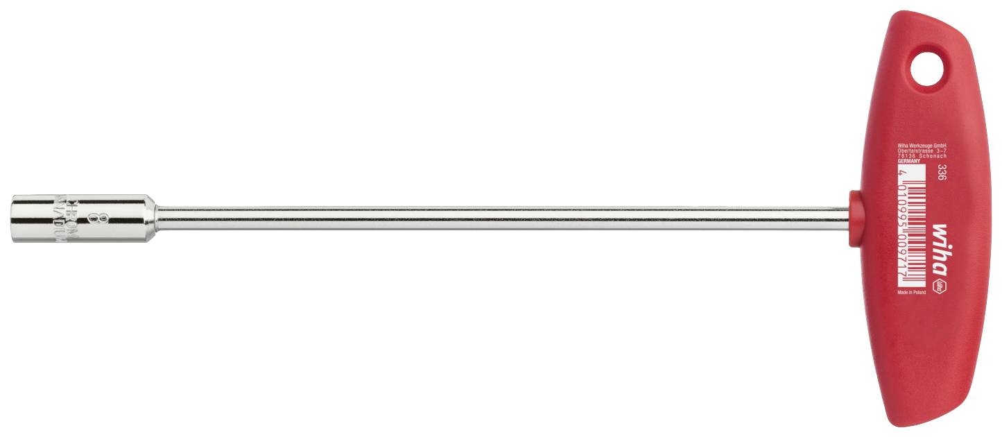 A long screwdriver with a red T-handle and metal shaft. The handle has a label with some details and a barcode.