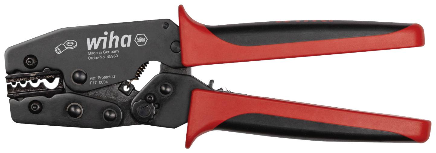 Crimping pliers with red handles and a black metal head, suitable for cable work. Branding on tool: 'wiha'.