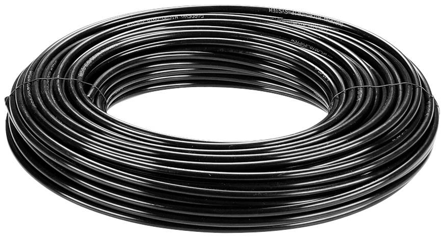 A large roll of black cable, tightly coiled. Suitable for electrical or technical applications.