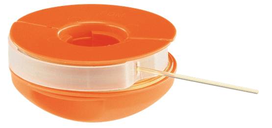 A round, orange dental floss container with a transparent lid, with a piece of dental floss protruding from it.