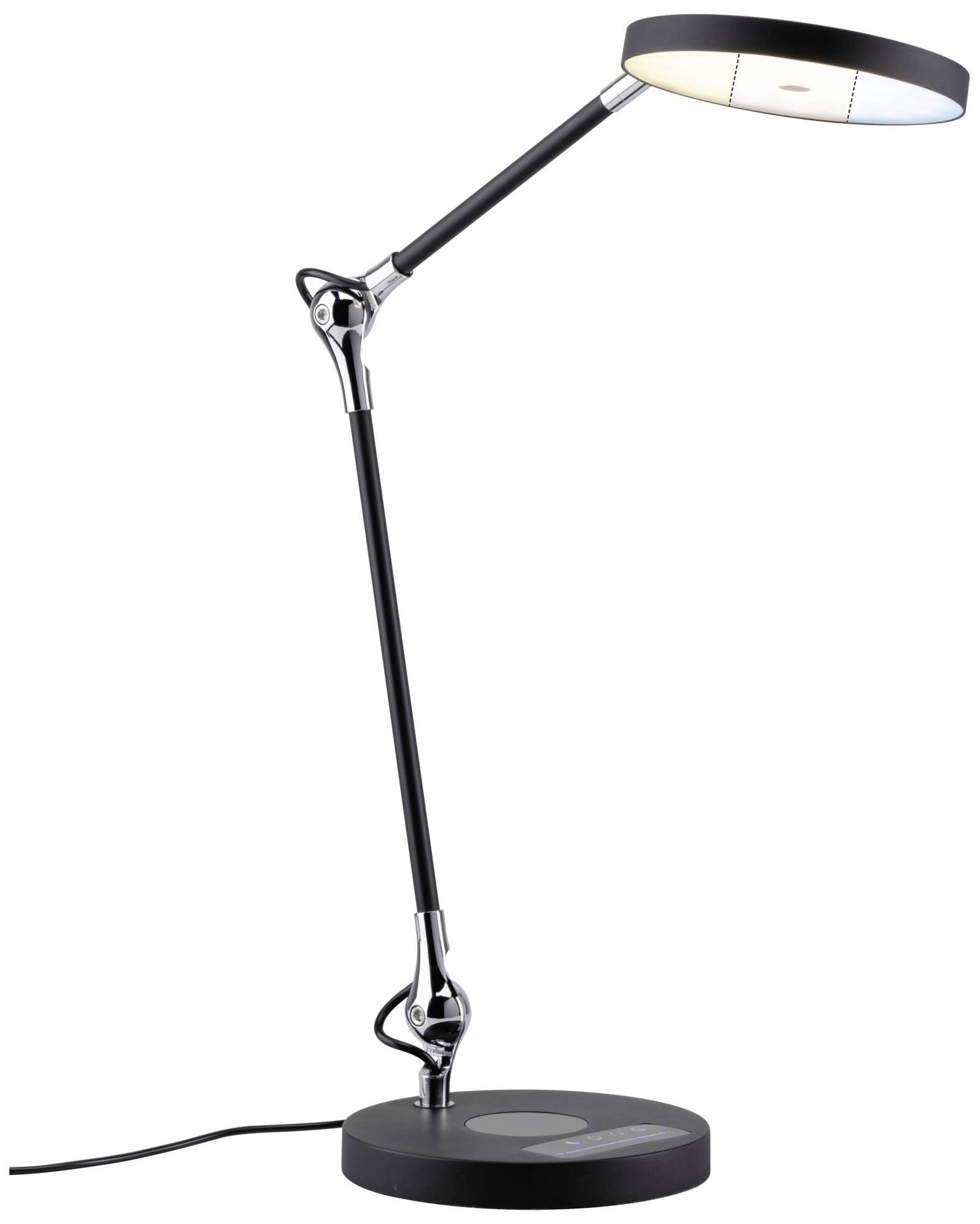 Modern black desk lamp with adjustable arm and round lampshade, standing on a round base with power cable.