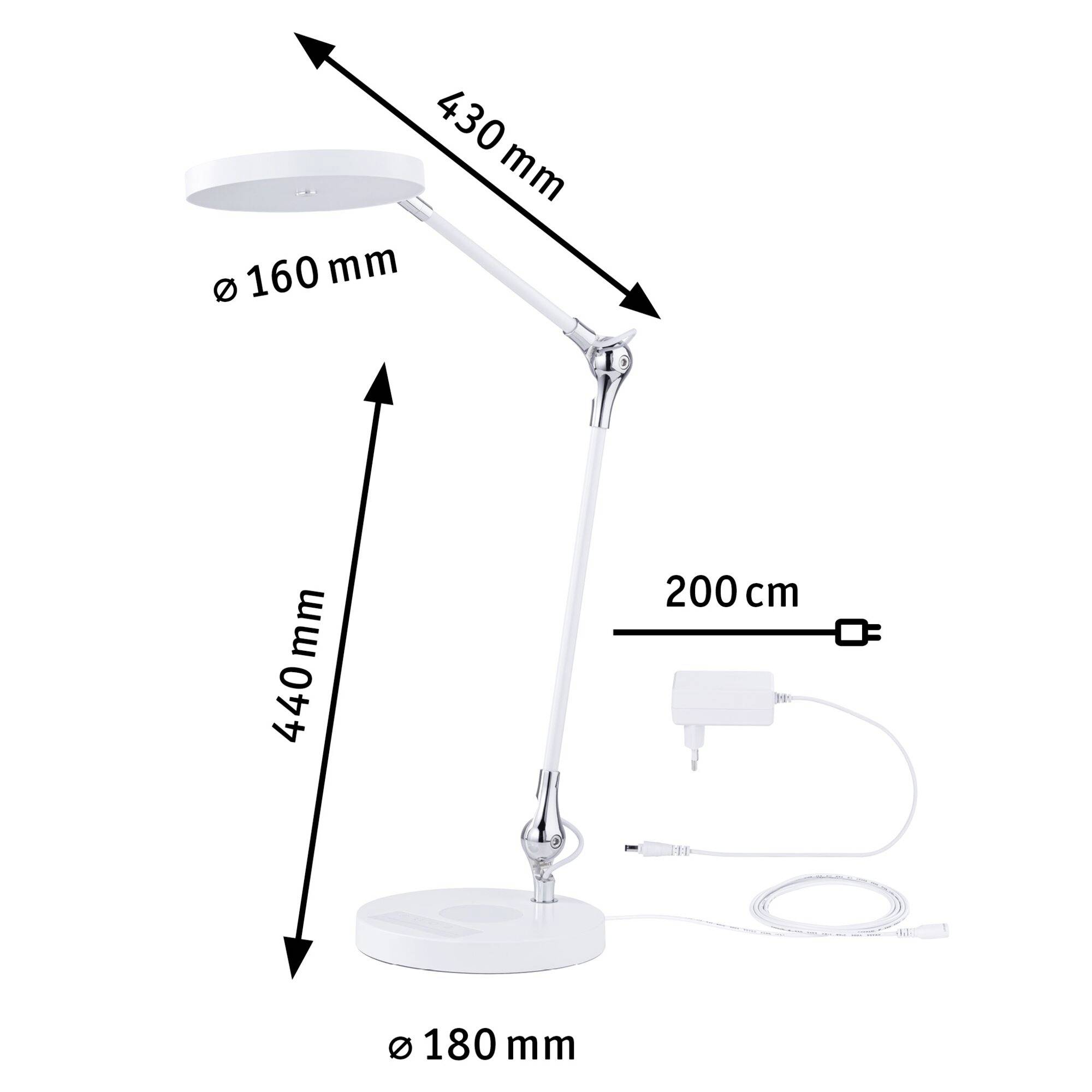 White desk lamp, height-adjustable with dimensions: 160 mm lamp width, 430 mm arm length, 440 mm stand height. Base diameter 180 mm. Power cable 200 cm.
