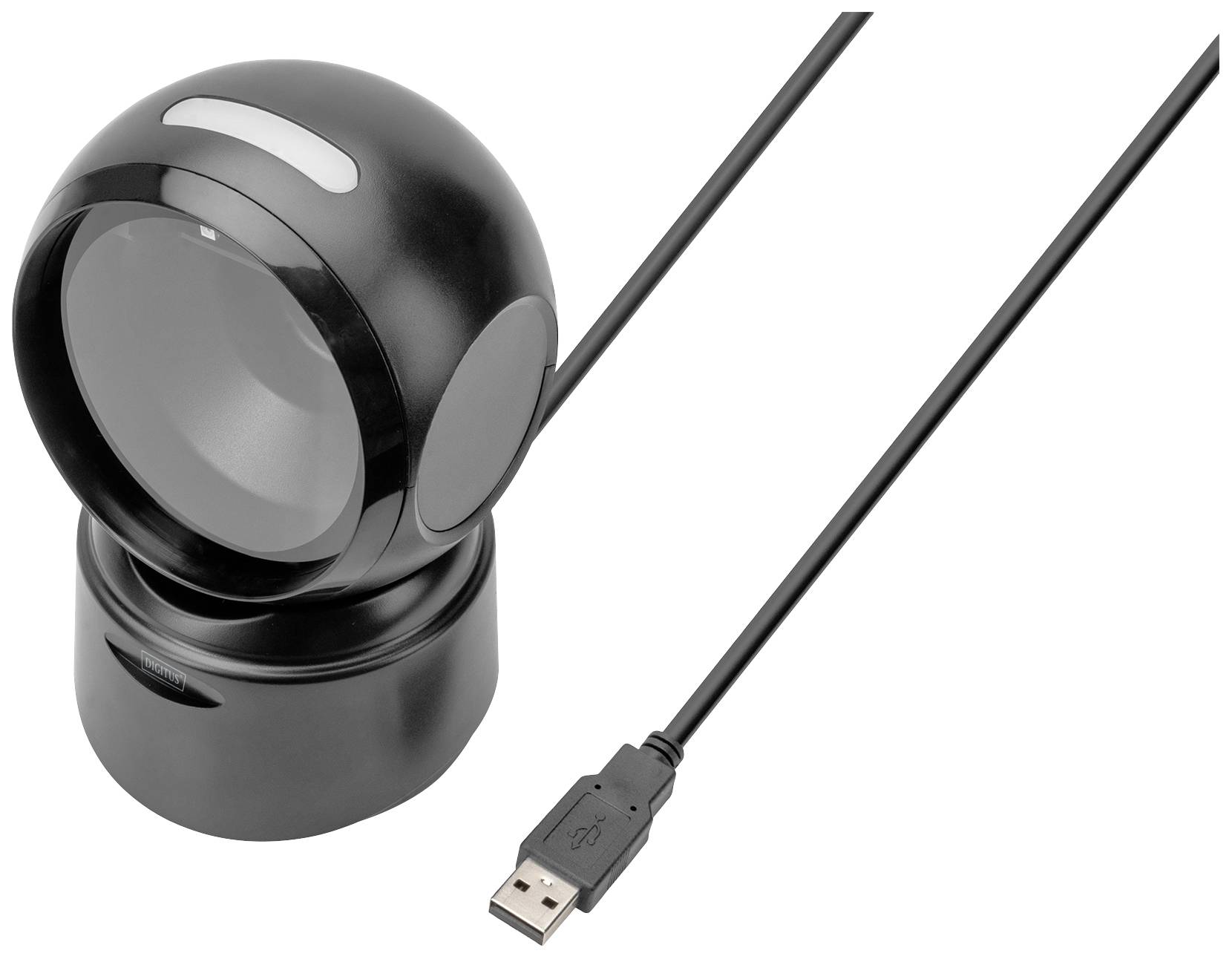 Spherical black barcode scanner with USB connection.