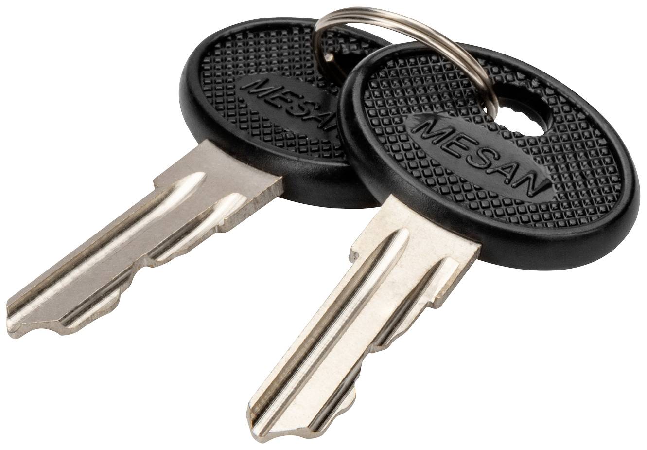 Two metal keys with a black plastic handle, bearing the inscription 'MESAN', are attached to a keyring.
