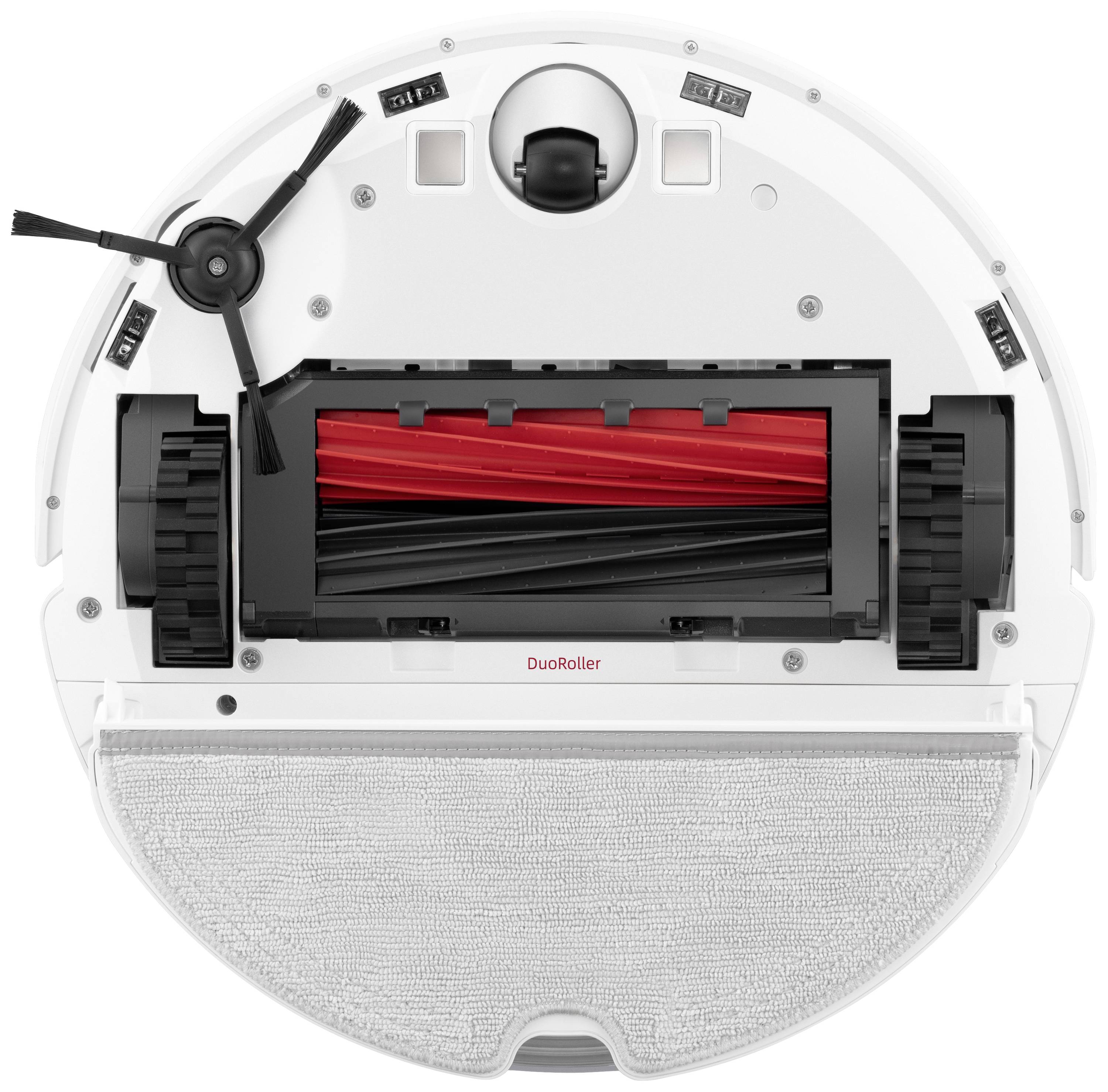View of the underside of a white robot vacuum cleaner with red brushes and a grey mopping cloth.