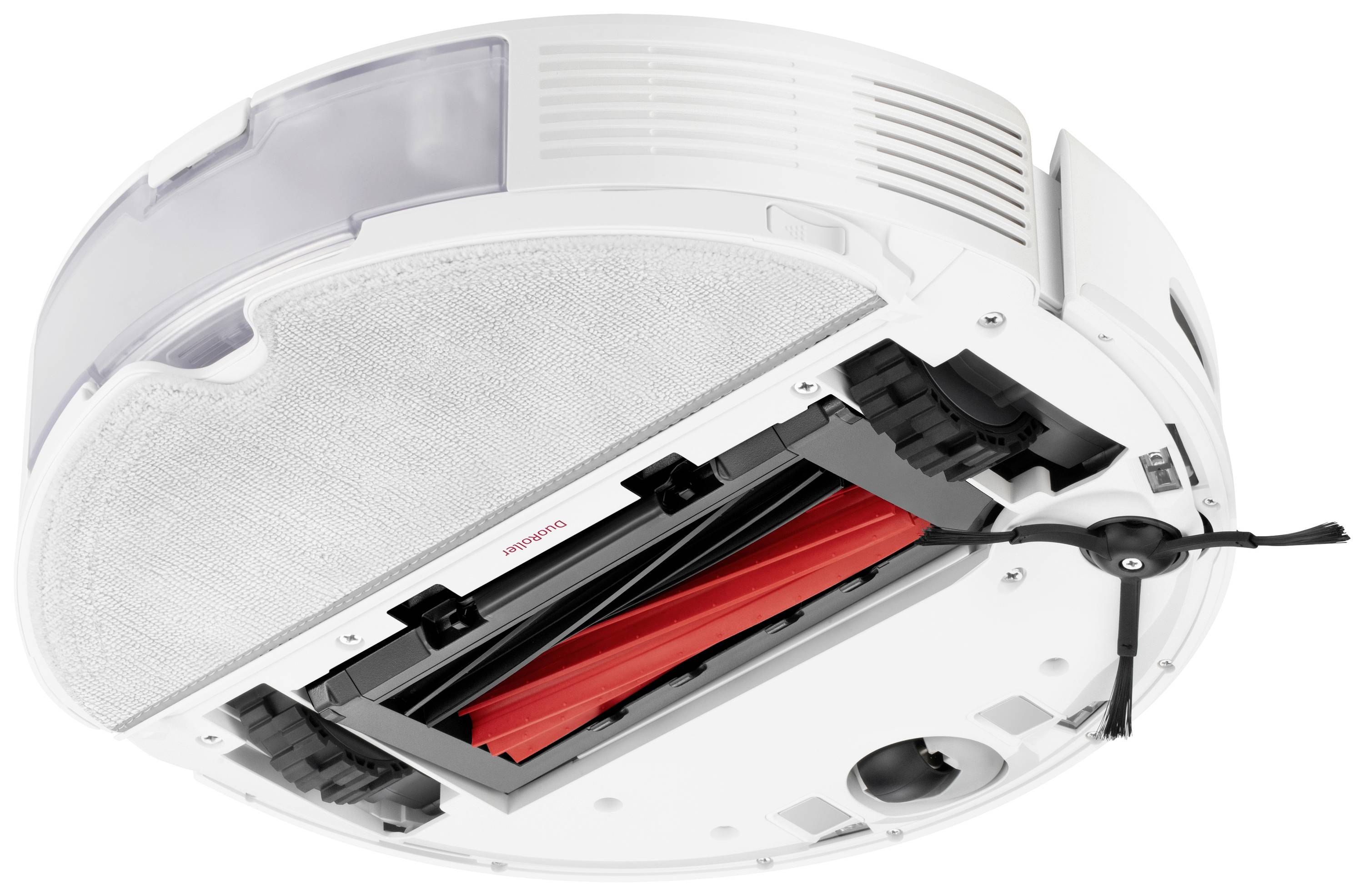 A vacuum cleaner robot from below, showing brushes and sensors.