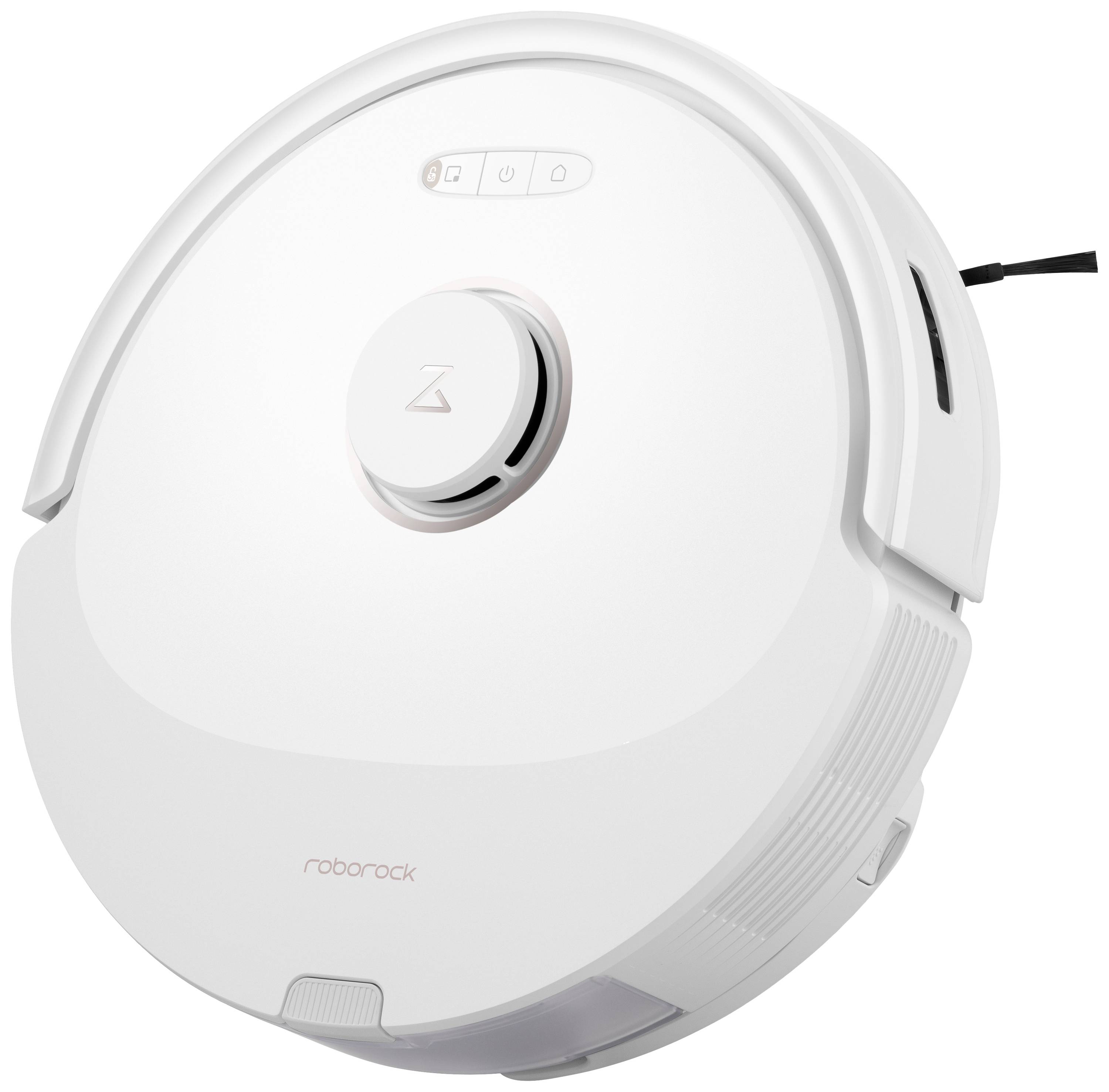 White robotic vacuum cleaner with a round design and a company logo on the top surface.