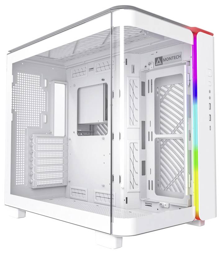 White open computer case with a side glass window and RGB LED strips at the front. Plenty of space for components and ventilation slots.
