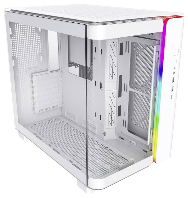 White computer case with RGB light strips on the front and a transparent side panel. It is empty and without components.