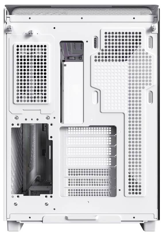 The rear of a computer case with ventilation openings and multiple expansion card slots; no cables present.