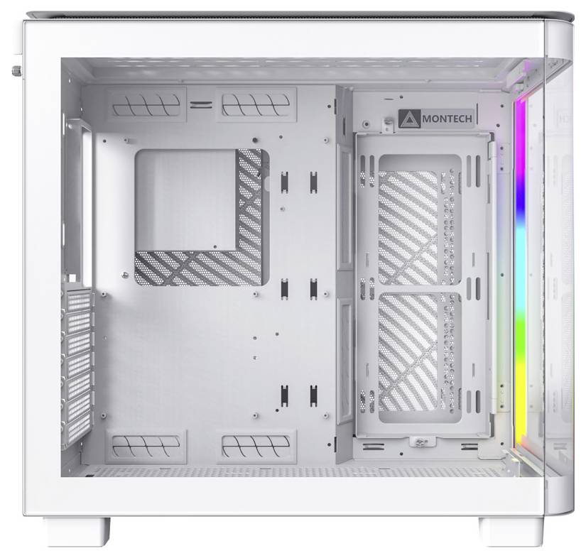 White PC case with transparent side panel, RGB light strip on the right, and multiple ventilation slots for cooling.