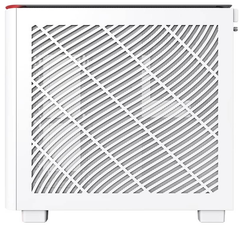 A white computer case with diagonal ventilation slots on the side; compactly designed, suitable for home PCs.