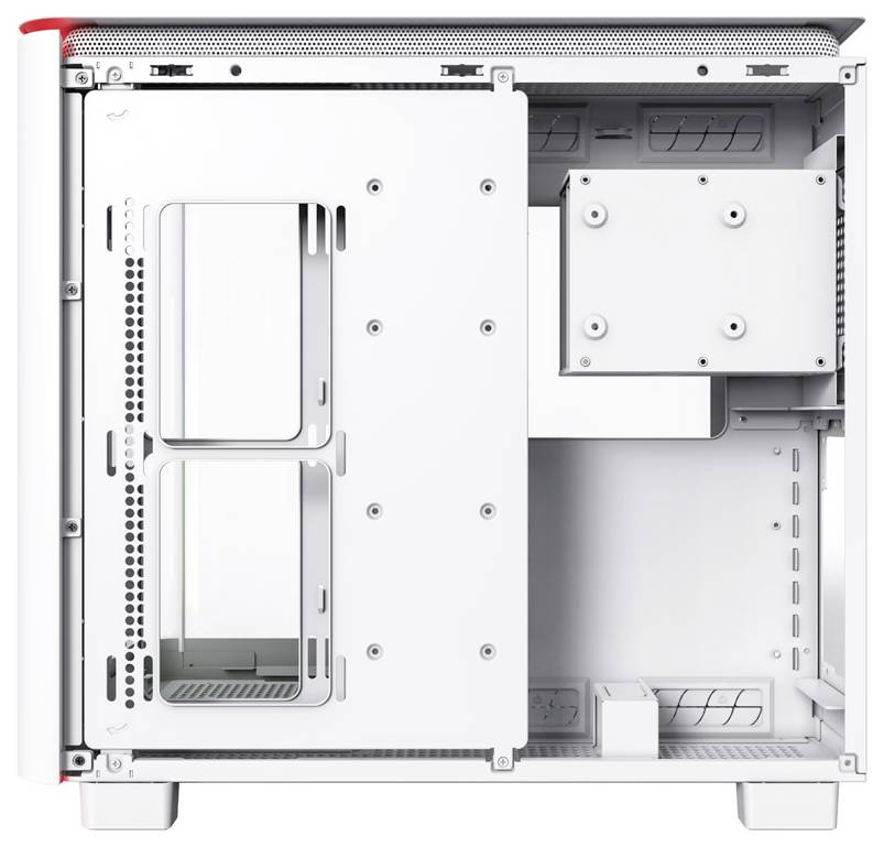 Open computer case in white, revealing spacious interior with 3.5-inch hard drive bays, ventilation slots, and expansion slots.