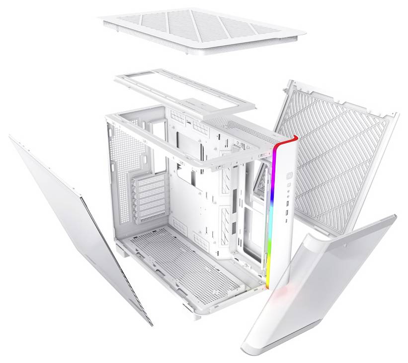 Disassembled computer case in white with removed side panels and front panel. Reveals the interior and potential RGB lighting.