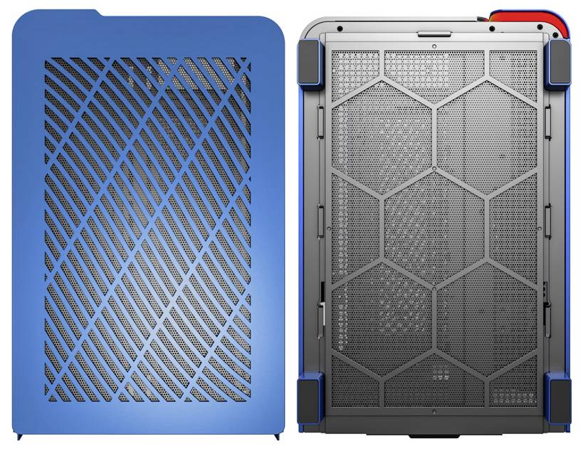 Two computer cases, one blue with diagonal grids, one grey with hexagonal mesh. Both demonstrate ventilation design.