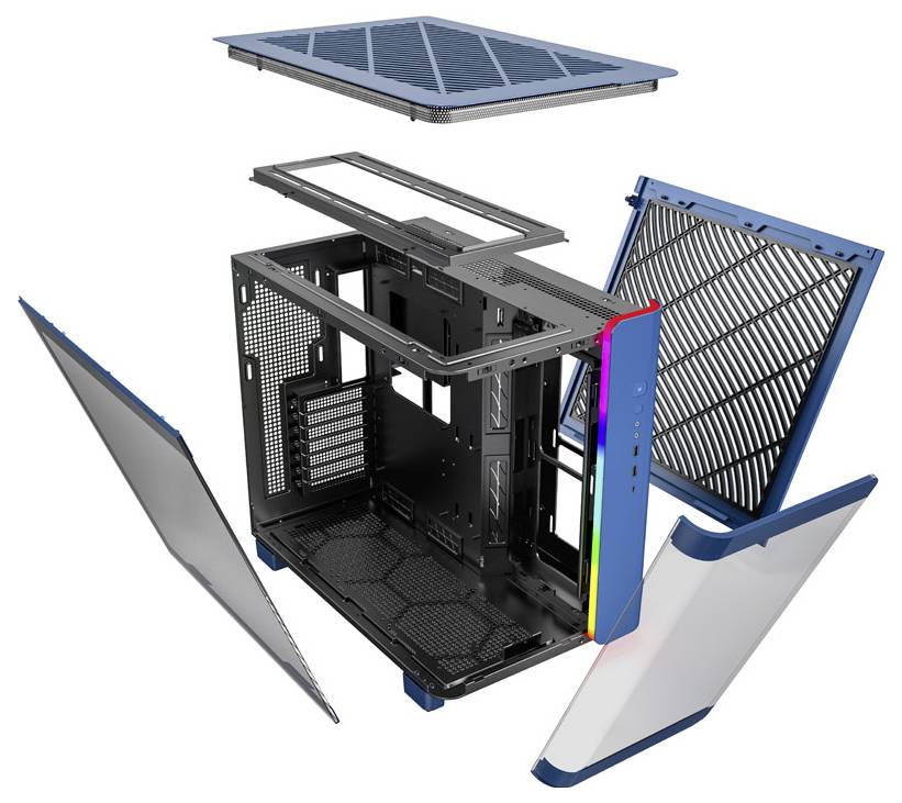 Exploded view of a computer case with removed side panels, top and bottom sections, revealing internal structure and ventilation.