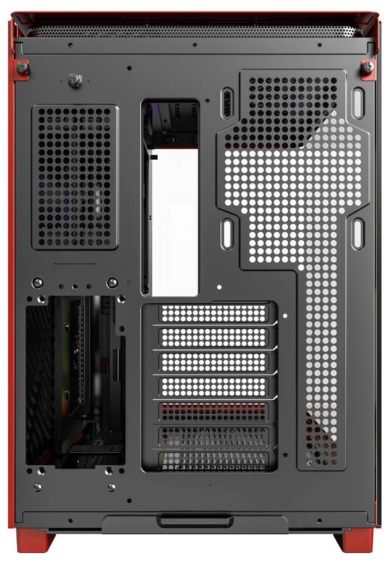 The image shows the back of an empty computer case in red and black with ventilation grilles and open expansion slots.
