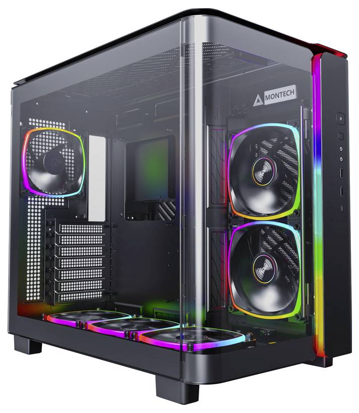 Gaming PC case with a transparent side panel, RGB-illuminated fans, and modern design for high performance and cooling.
