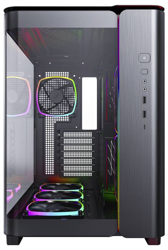 A modern computer tower case with a glass window, coloured LED lighting and multiple fans, offering expandable cooling options.