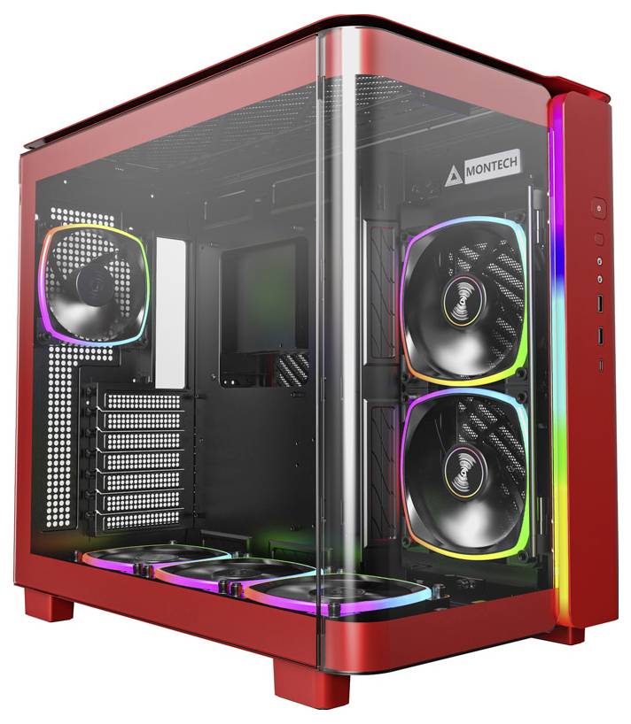 Red PC case with transparent sides, showing four fans with RGB lighting inside. 'Montech' brand name in the corner.