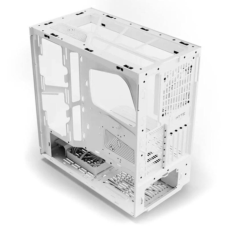 White PC case structure with open sides and ventilation grilles, revealing the interior, suitable for custom computer builds.