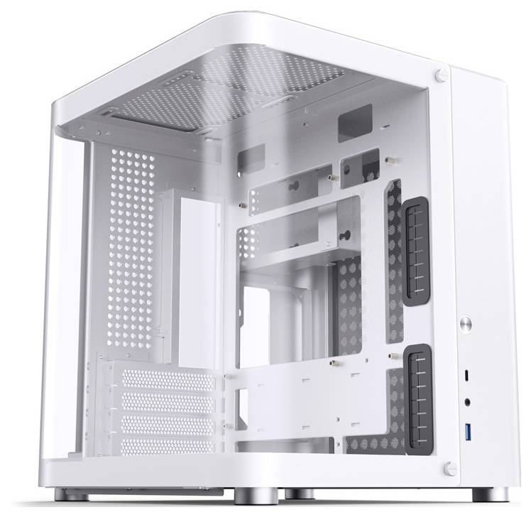 White computer cases with transparent side panel and multiple drive bays, suitable for custom PC configurations.