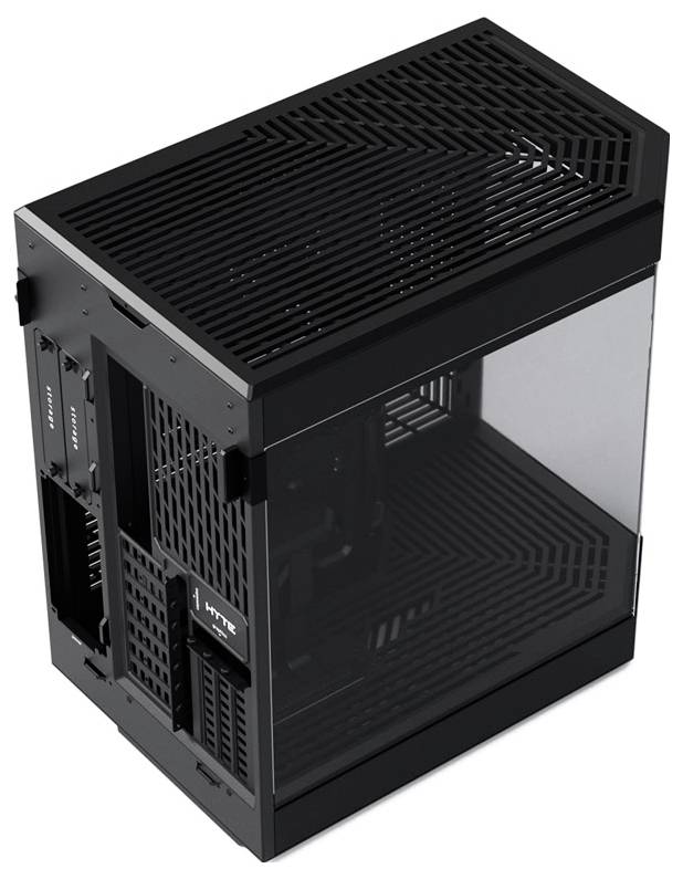 A black, rectangular computer case with a transparent side window. Ventilation slots are visible on the top and sides.