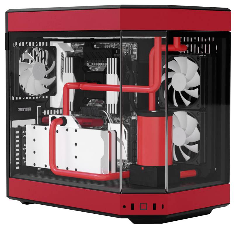 A desktop computer with an open configuration, featuring a red water cooling system, multiple fans, and a transparent case.