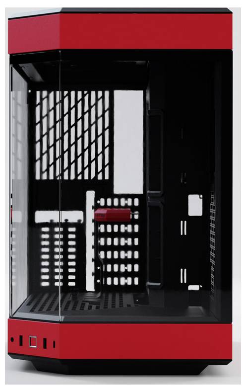 Red computer case made of glass with a black inner frame, partially visible fan grille.
