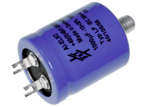 Blue electrolytic capacitor with printing: 'AI-ELKO, Made in Germany, 1000µF, 10-63V.' Contains three terminals and is cylindrically shaped.