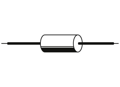 Circuit symbol for a fuse in an electrical circuit, represented as a cylinder with connections at both ends.