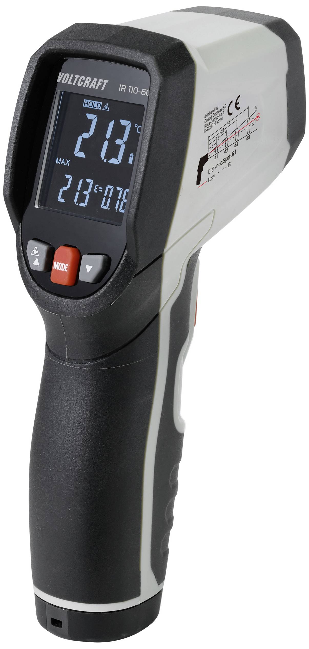 An infrared thermometer with a digital display shows a temperature of 21.9°C. It has an ergonomic handle and multiple control buttons.