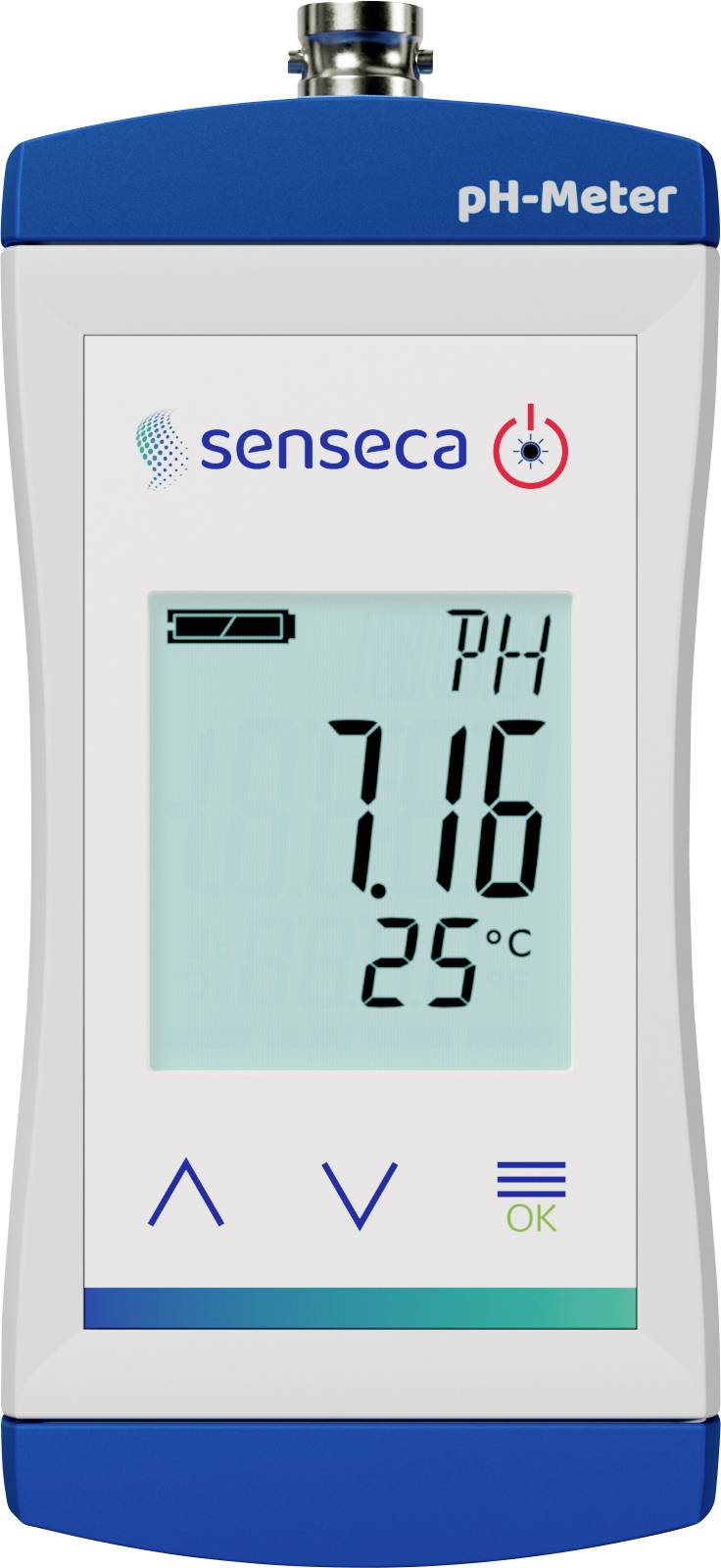 Digital pH meter displaying a pH reading of 7.16 and a temperature of 25°C, with branding and control buttons below the screen.