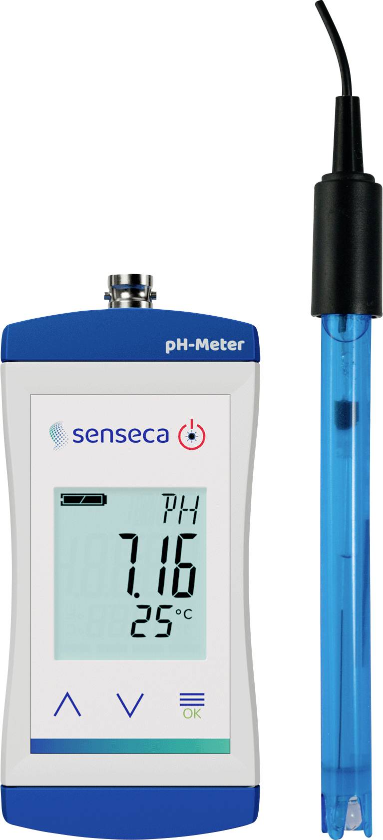 A digital pH meter reading 'pH 7.16, 25°C' with a detachable blue probe, branded with 'senseca'.