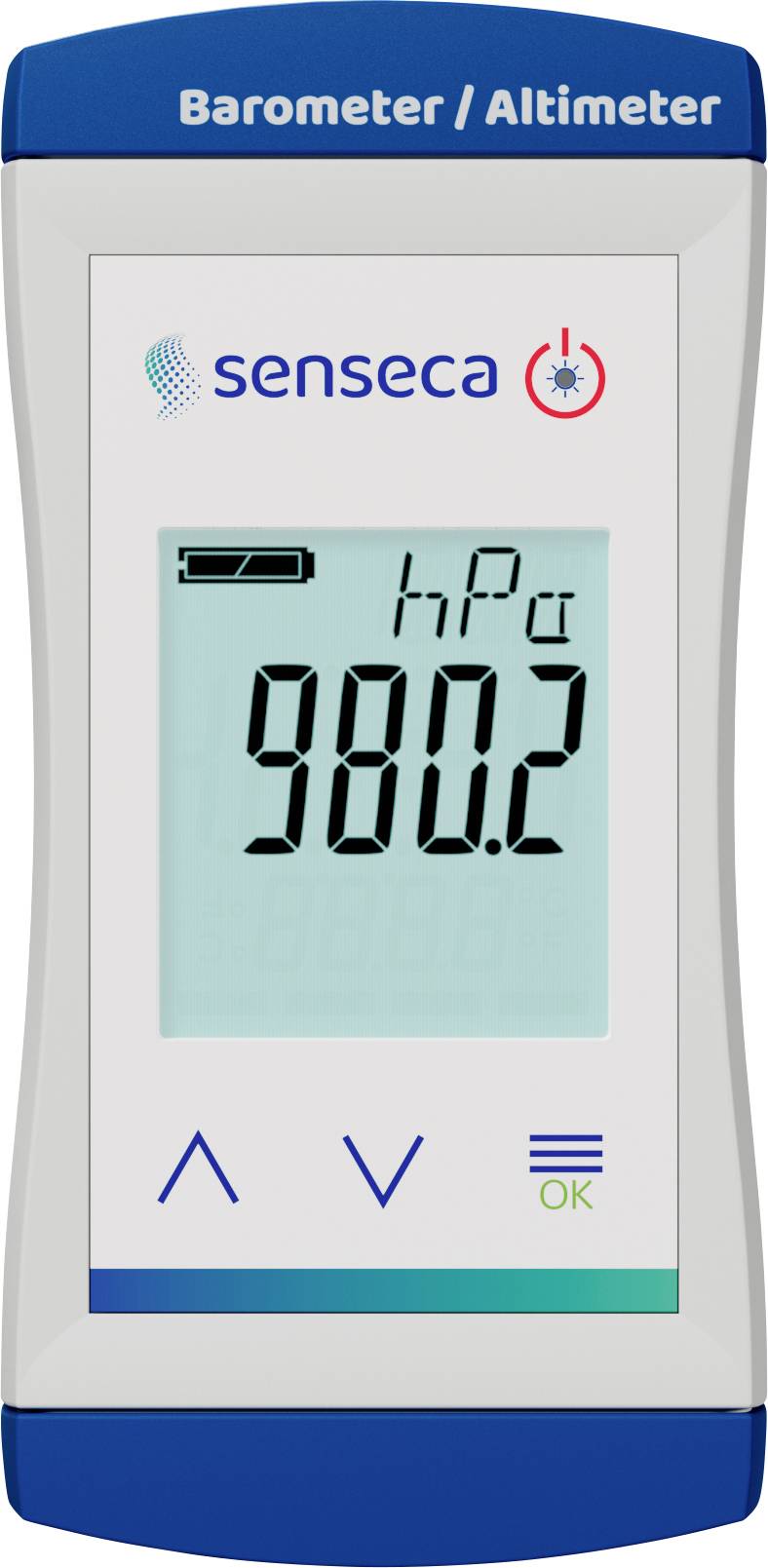 'Barometer/Altimeter' device with digital display showing '980.2 hPa'. Buttons below screen; labeled brand 'Senseca' at top.