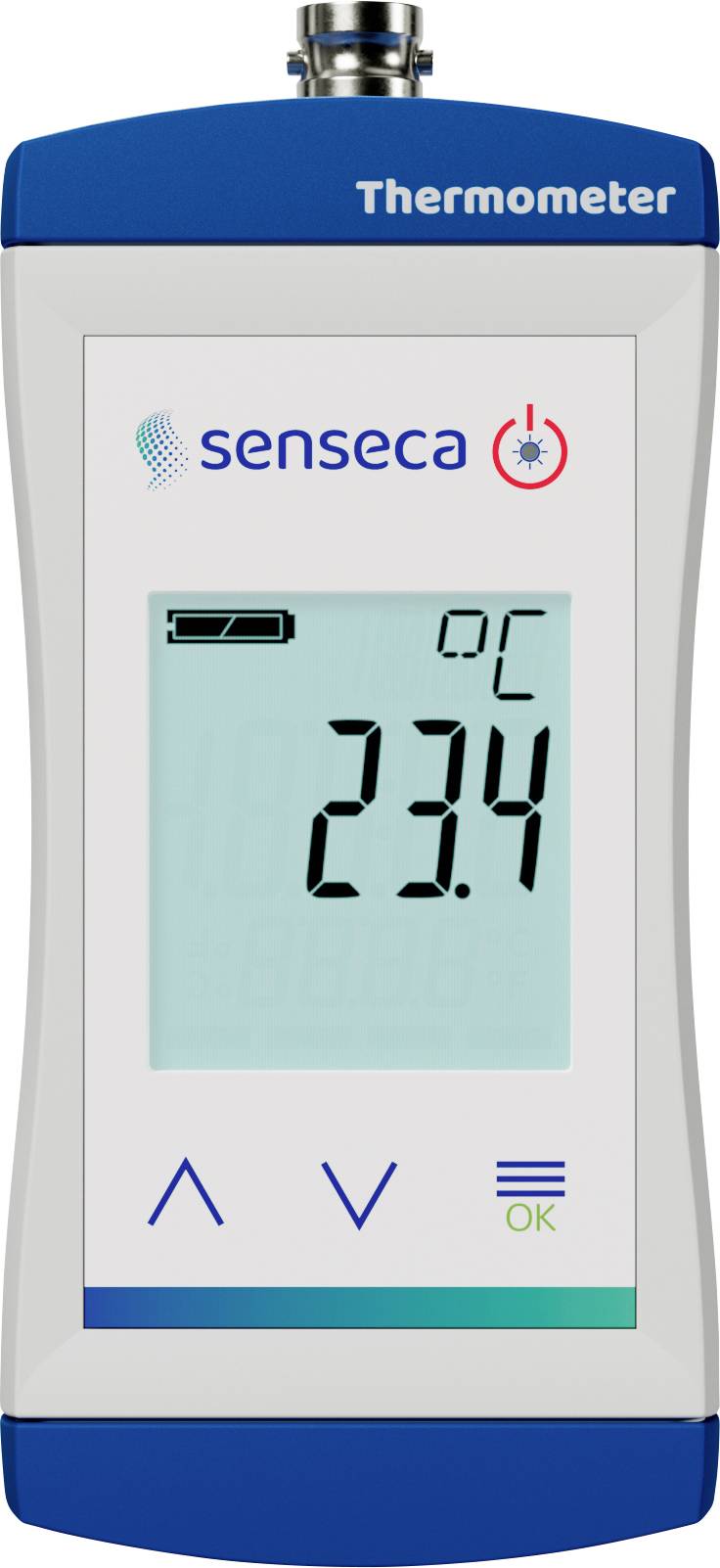 Digital thermometer display shows '23.4°C' with battery indicator and power buttons below.