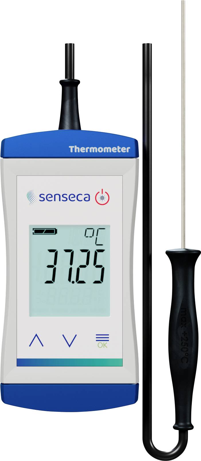 A digital thermometer displays '37.25°C' with probes attached, featuring a small screen and control buttons.
