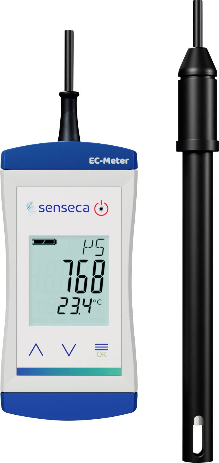 Handheld EC meter displaying '145', '768', and '23.4°C' with a connected probe, used for measuring electrical conductivity and temperature in liquids.