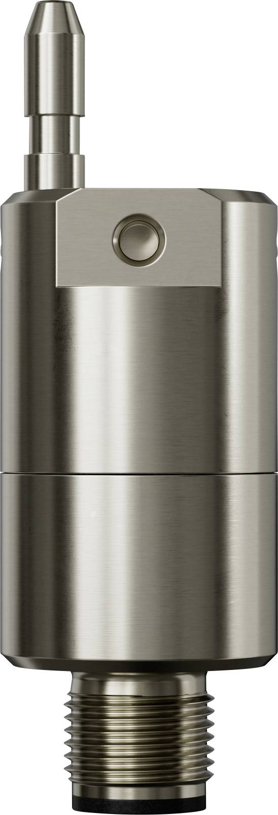 A metallic industrial sensor, cylindrical in shape, with a smooth finish, featuring a connector at the bottom and a button near the top.