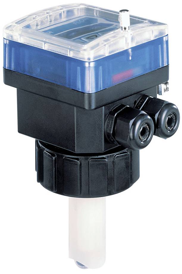 An electrical measuring instrument with a blue and transparent casing, black connectors, and a long, white sensor at the bottom end.