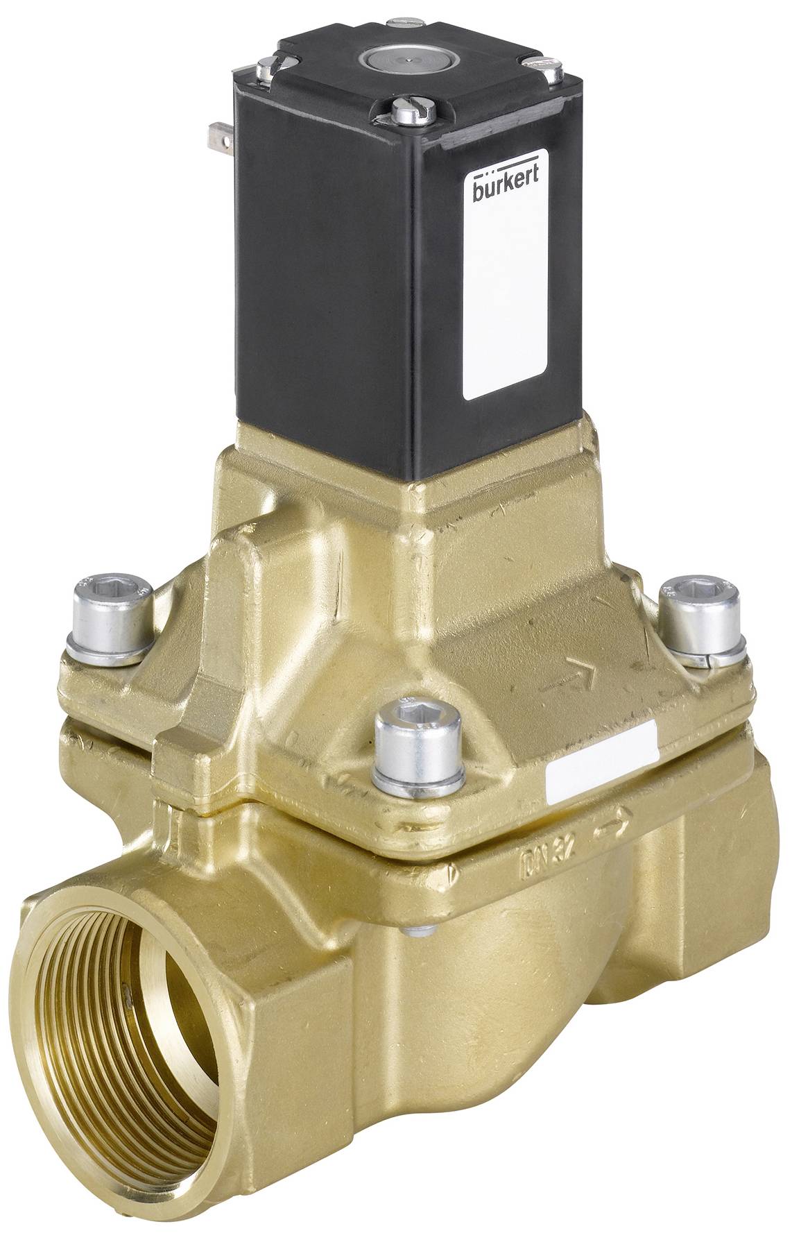A brass solenoid valve with a black housing for industrial applications.