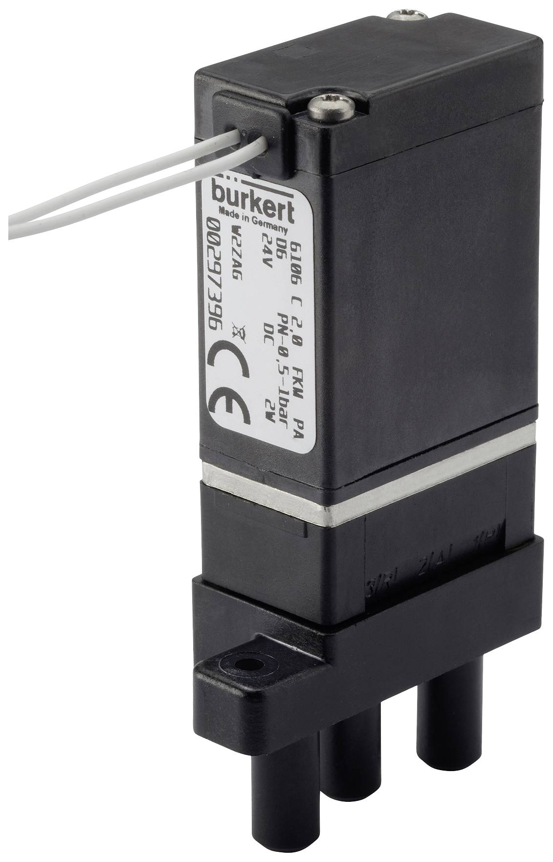 'Bürkert Valve', a rectangular black device with two cables and three connections on the underside.