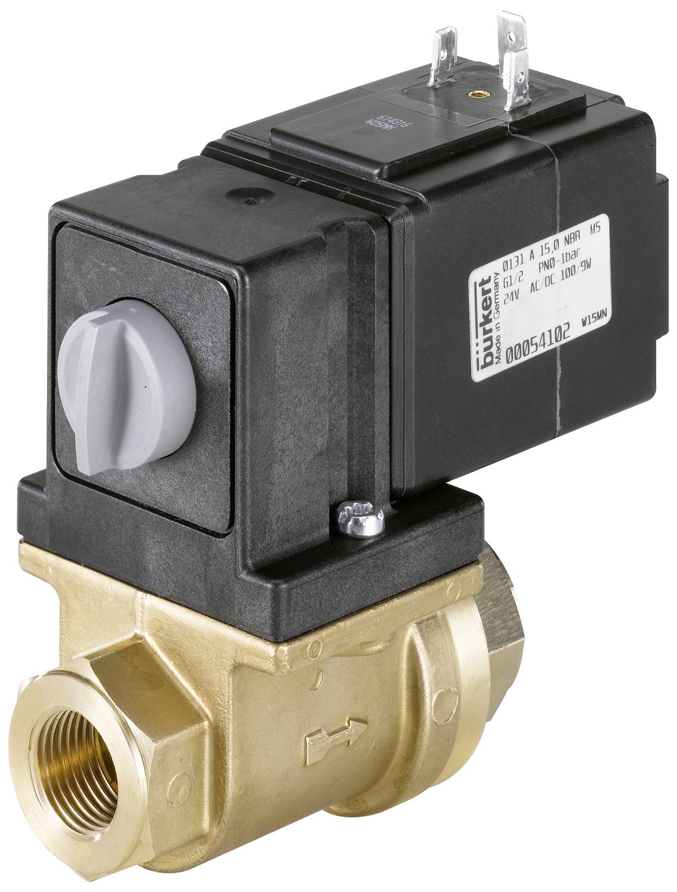 A magnetically controlled valve with a black housing, silver rotary knob, and brass connections, for liquid or gas flow control.