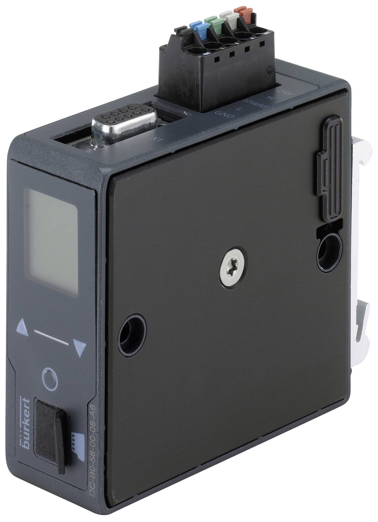 Electronic module with a black housing, display, and colour-coded connectors on top.