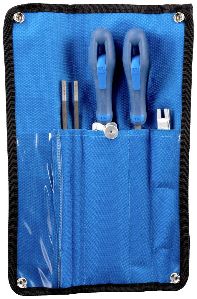 A blue case with an open compartment displays various tools, including two screwdrivers and another tool.