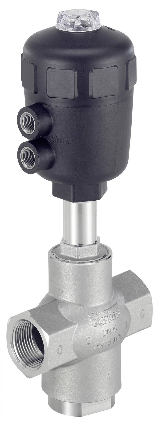 Industrial metal valve with a black, cylindrical handle. It has two inlet and outlet ports. Suitable for piping systems.