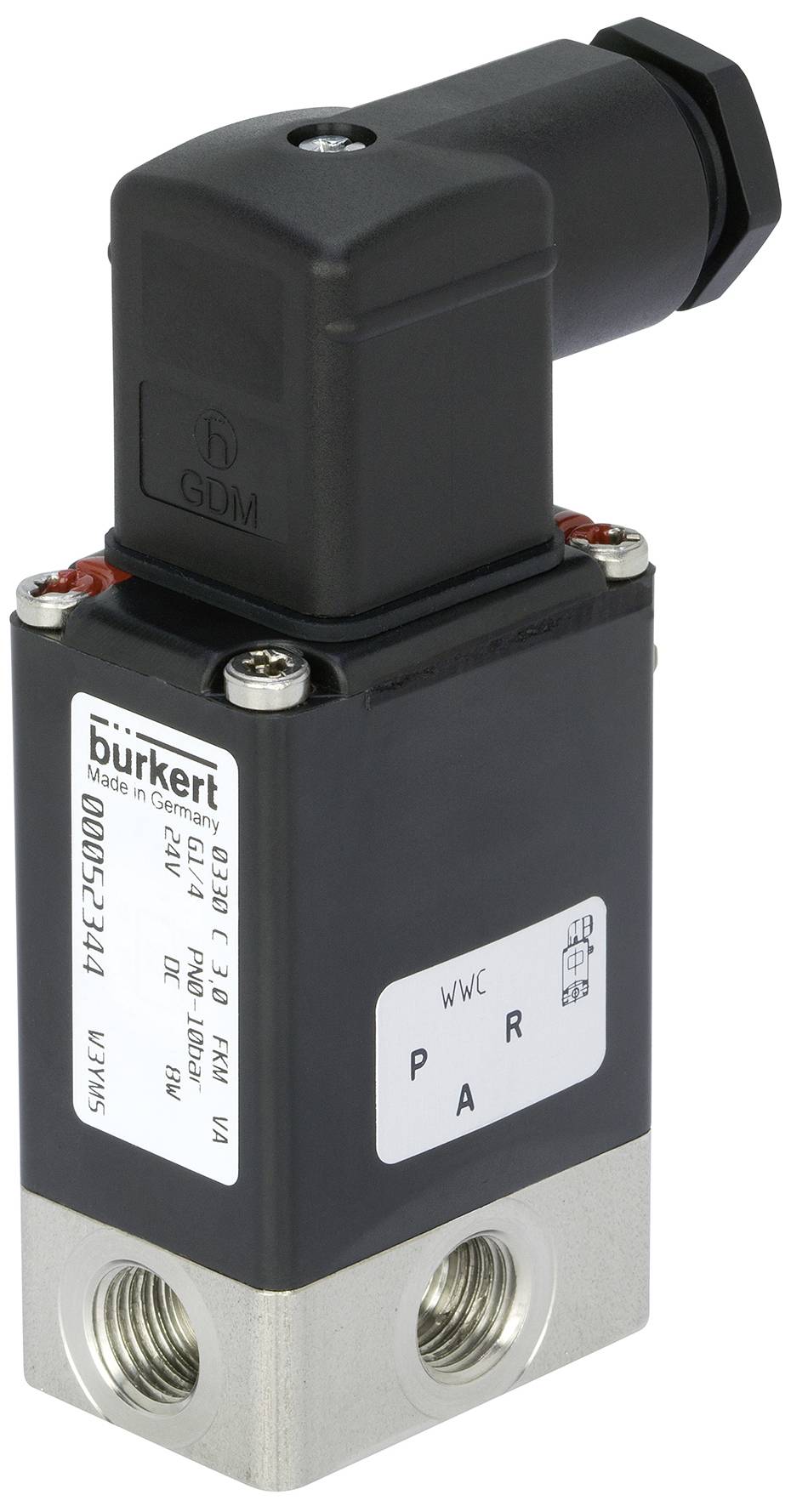 A rectangular, black solenoid valve by Bürkert with metallic connection pieces and inscription 'P A R'. Linear design.