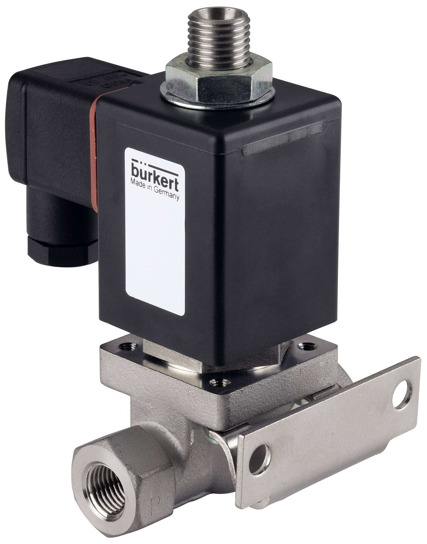 An electrically operated solenoid valve with a robust metal housing, connection pieces and a black cap, marked with 'Made in Germany'.
