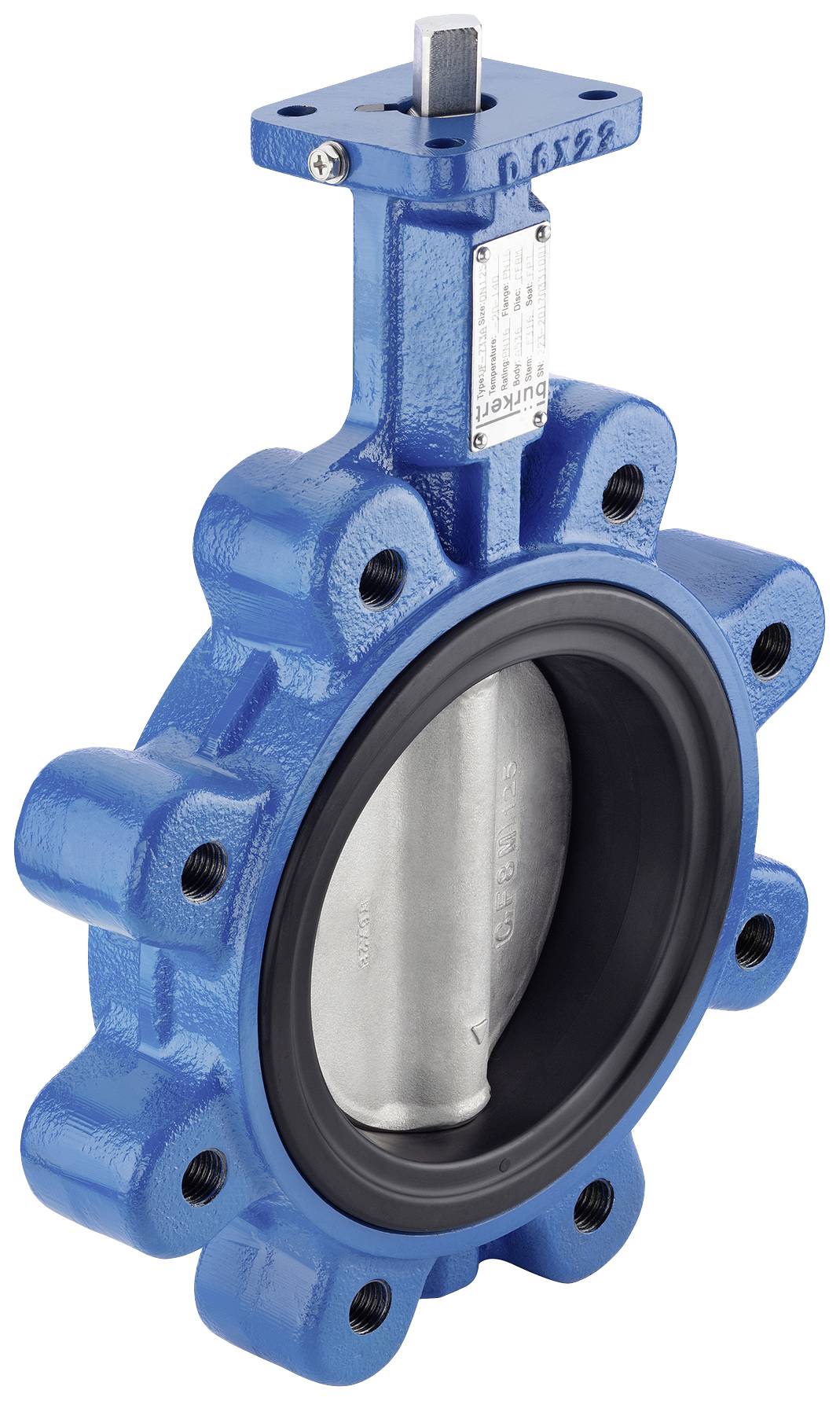 A blue metal shut-off valve with a circular housing and a lever mechanism for controlling flow.