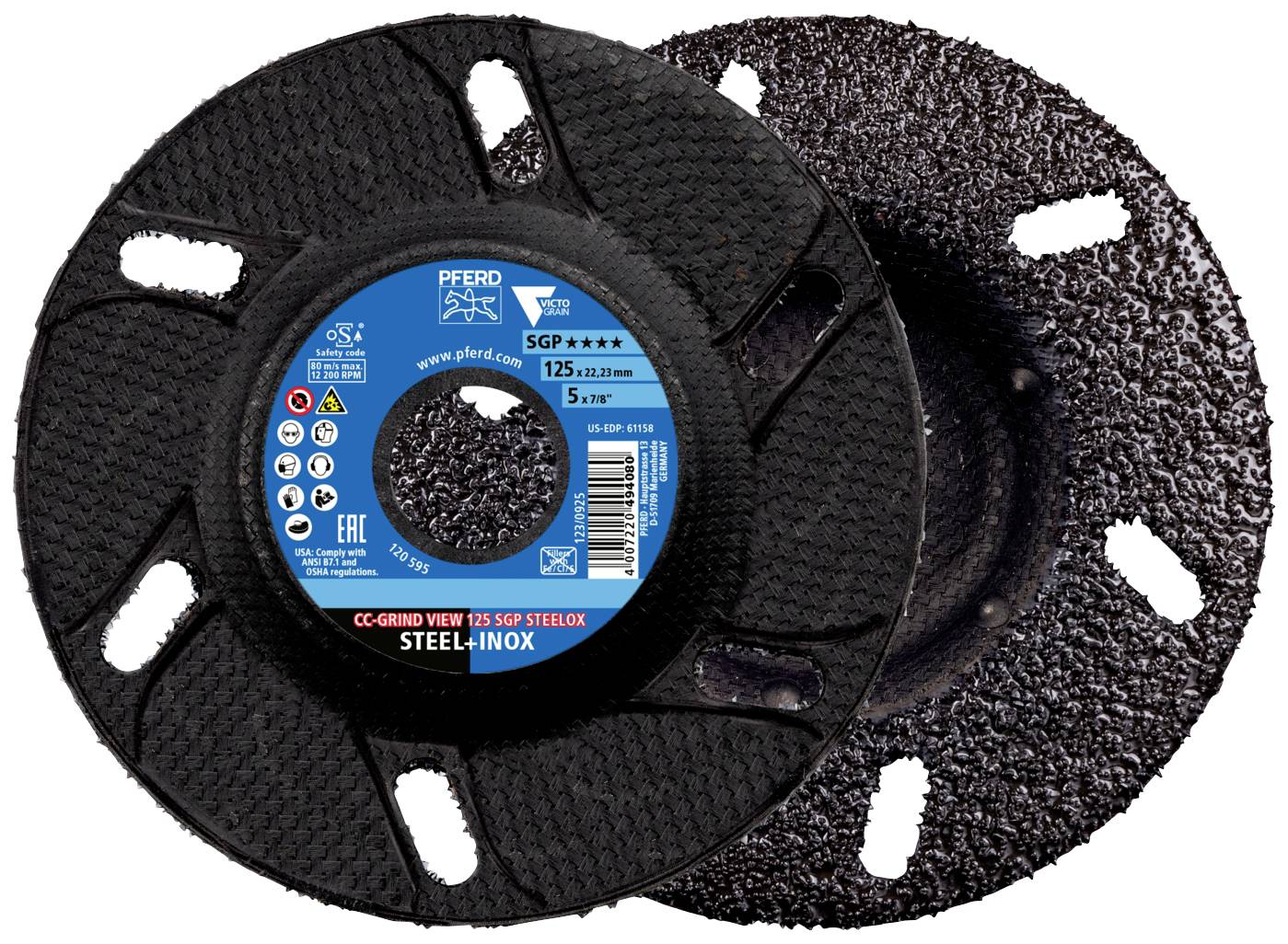 Two grinding wheels, one with a blue label displaying information such as size and material. For use with steel and stainless steel.